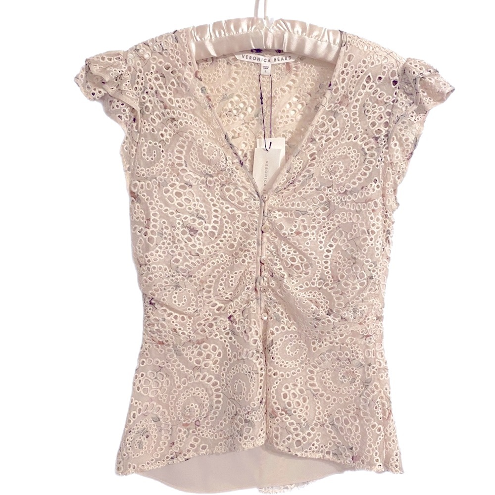 VERONICA BEARD Maryam Cream Multi Eyelet Chiffon Top Size 2 - Picture 2 of 9